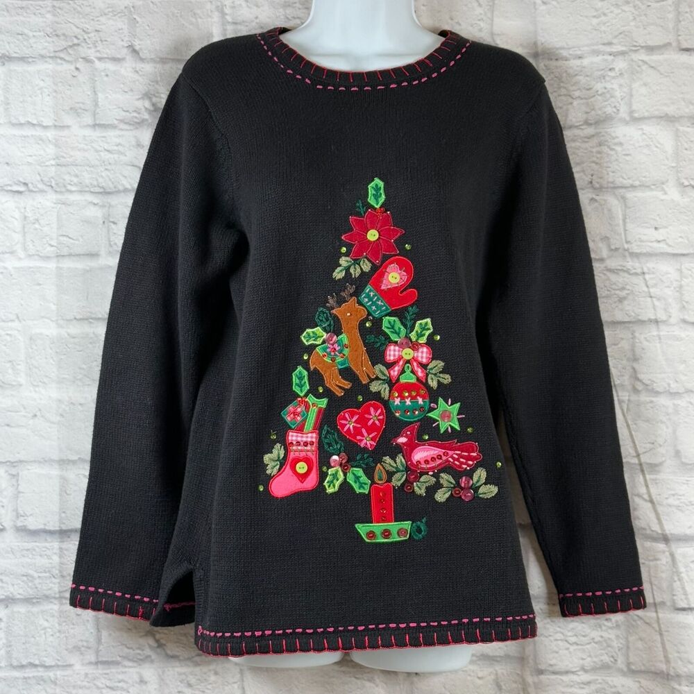 Quacker Factory Christmas Tree Small Sweater Jeanne Bice Women's Embroidered